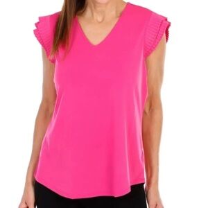 NWT ADRIANNA PAPELL Pink Tiered Ruffle Short Sleeve V-Blouse Size Large